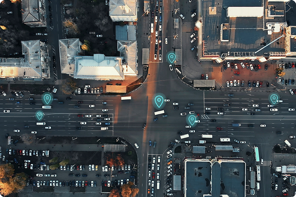 City street with gps markers
