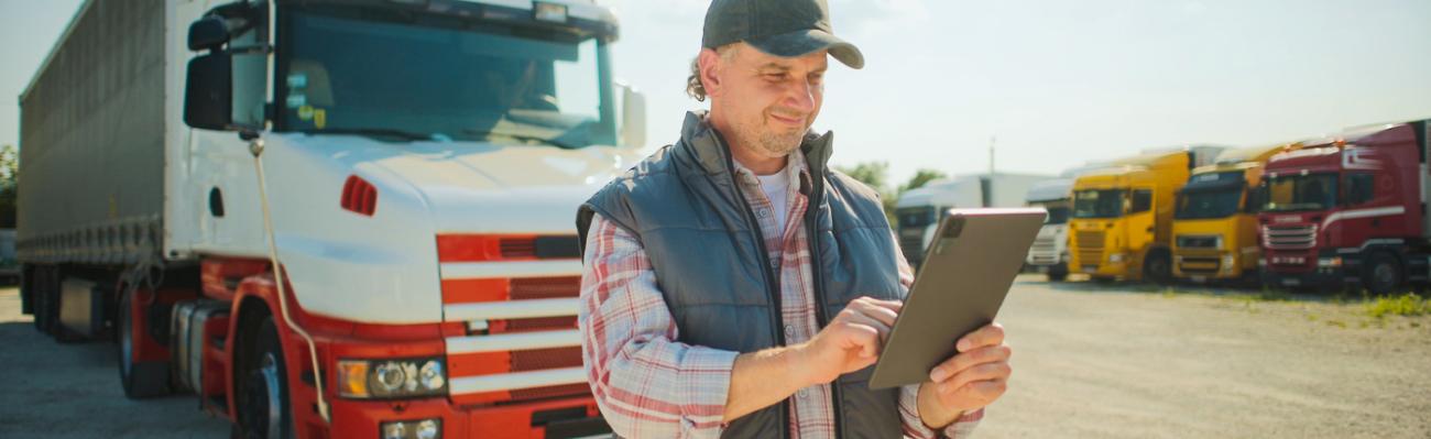 Man on tablet in front of a semi truck