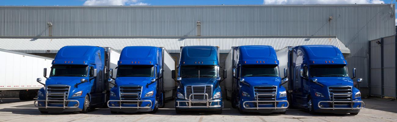 Five semi trucks parked in a row